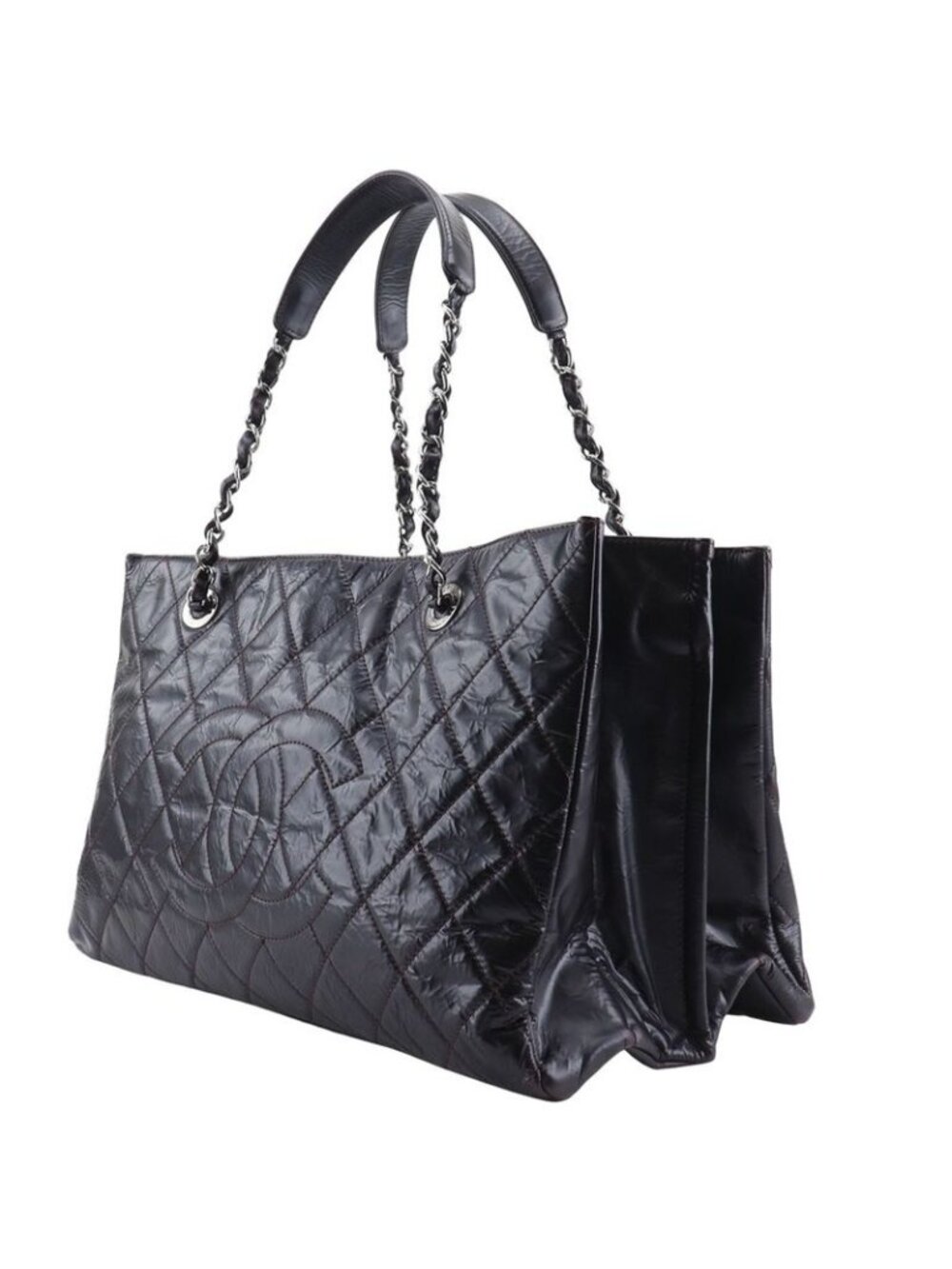 Chanel Grand Shopping Tote XL Quilted Chain Wrinkled Patent - Picture 2 of 10